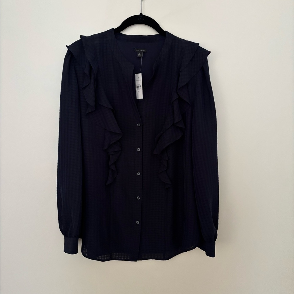 Ann Taylor Navy Ruffled Button-Front Blouse